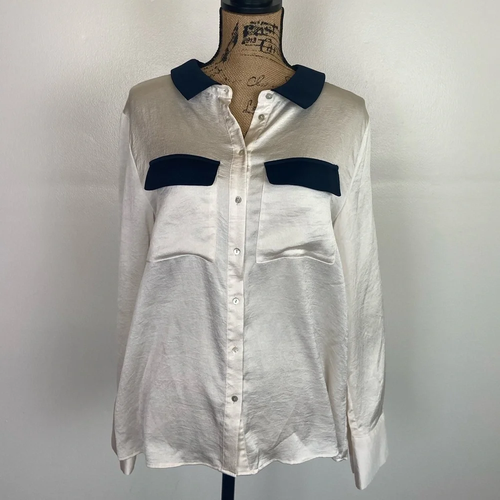 Zara Basic Women's Satin Top L Cream Nerd Preppy Mother Pearl Button Long Sleeve